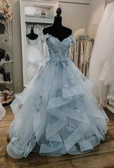 Off Shoulder Tulle Lace Long Ball Gown Prom Dresses