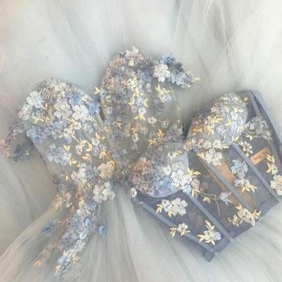 A line long tulle prom dress with lace appliques 