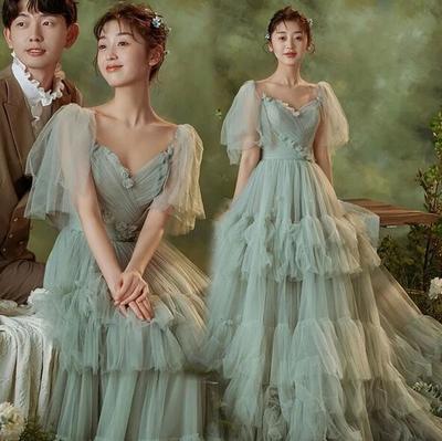 A Line Green Tulle Long Prom Evening Dresses