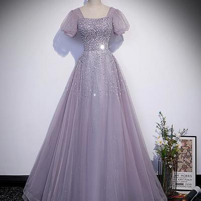 A line purple tulle beads long prom dresses  - Thumbnail 3