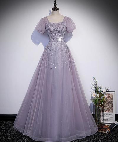 A Line Purple tulle beads long prom dresses 
