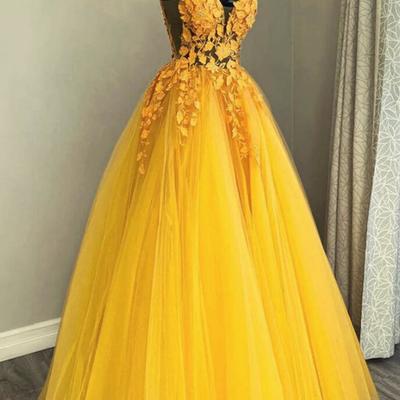 Beautiful a line yellow v neck tulle prom dress with lace - Thumbnail 1
