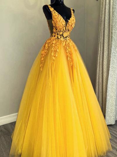 Beautiful A Line Yellow V Neck Tulle Prom Dress with Lace