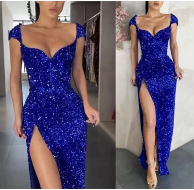 Royal Blue Slit Side Prom Dresses Sequins