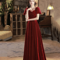 Burgundy Velvet Long Prom Dress, Cute A-Line Evening Dress Party Dress - Thumbnail 1