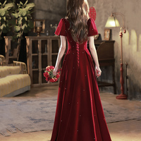 Burgundy Velvet Long Prom Dress, Cute A-Line Evening Dress Party Dress - Thumbnail 2