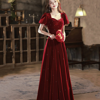 Burgundy Velvet Long Prom Dress, Cute A-Line Evening Dress Party Dress - Thumbnail 3