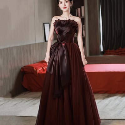 Burgundy tulle long prom dress, a-ine strapless evening dress - Thumbnail 3