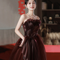 Burgundy Tulle Long Prom Dress, A-ine Strapless Evening Dress - Thumbnail 1
