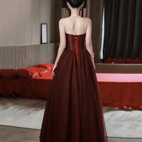 Burgundy Tulle Long Prom Dress, A-ine Strapless Evening Dress - Thumbnail 2