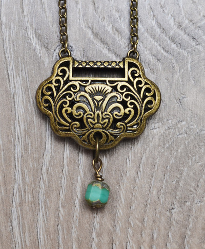 Floral Nouveau Necklace, Turquoise Czech Bead Necklace, Art Nouveau Jewelry