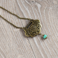 Floral Nouveau Necklace, Turquoise Czech Bead Necklace, Art Nouveau Jewelry - Thumbnail 2