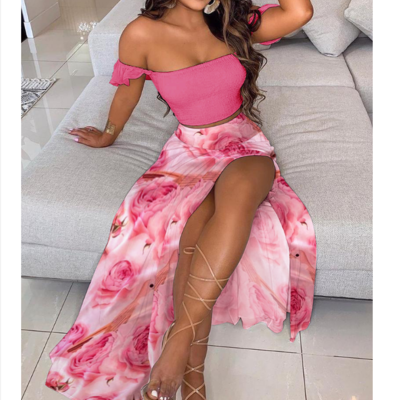 Women's pink print off shoulder two piece set - Thumbnail 2