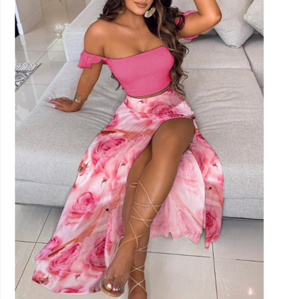 Women's Pink Print Off Shoulder Two Piece Set