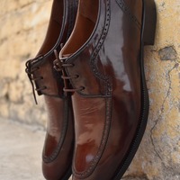 Men's Designer Luxury Brown Patent Work Oxfords Lace up Shoes - Thumbnail 1