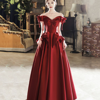 Burgundy Satin Long Prom Dress, Cute A-Line Off Shoulder Evening Dress - Thumbnail 1