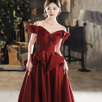 Burgundy Satin Long Prom Dress, Cute A-Line Off Shoulder Evening Dress - Thumbnail 2