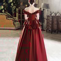 Burgundy Satin Long Prom Dress, Cute A-Line Off Shoulder Evening Dress - Thumbnail 3