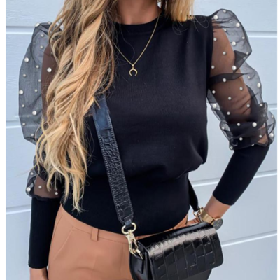 Women's pearl long sleeve bubble sleeve top