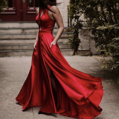 V neck red prom dresses floor length for party - Thumbnail 1
