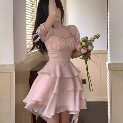 Spring sweet square neck ruffled skirt puff sleeve pink dress - Thumbnail 3