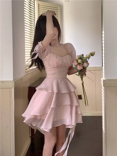 Spring Sweet Square Neck Ruffled Skirt Puff Sleeve Pink Dress
