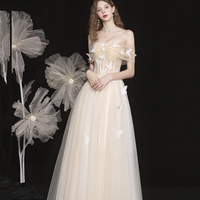 Champagne Tulle Lace Long Prom Dress, Beautiful A-Line Evening Dress - Thumbnail 1