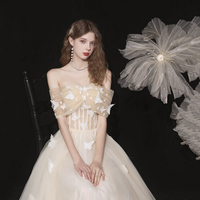 Champagne Tulle Lace Long Prom Dress, Beautiful A-Line Evening Dress - Thumbnail 3