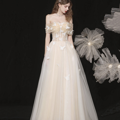 Champagne tulle lace long prom dress, beautiful a-line evening dress - Thumbnail 2