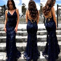 SP2220,Charming Lace Prom Dress,Navy Backless Mermaid Evening Prom Dresses - Thumbnail 2