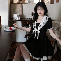 Elegant Cute Girl Women Classic Lace Navy Sailor Collar Short Black Summer Dress - Thumbnail 1