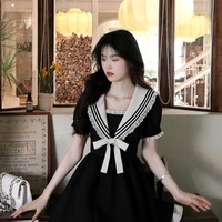 Elegant Cute Girl Women Classic Lace Navy Sailor Collar Short Black Summer Dress - Thumbnail 2