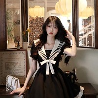 Elegant Cute Girl Women Classic Lace Navy Sailor Collar Short Black Summer Dress - Thumbnail 4