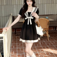 Elegant Cute Girl Women Classic Lace Navy Sailor Collar Short Black Summer Dress - Thumbnail 3
