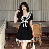 Elegant Cute Girl Women Classic Lace Navy Sailor Collar Short Black Summer Dress - Thumbnail 6