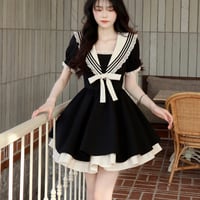 Elegant Cute Girl Women Classic Lace Navy Sailor Collar Short Black Summer Dress - Thumbnail 7