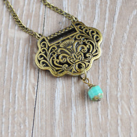 Floral Nouveau Necklace, Turquoise Czech Bead Necklace, Art Nouveau Jewelry - Thumbnail 1