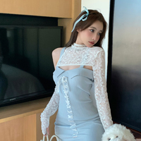 Girl Women Fashion Cute Sexy White Lace Top Cardigan & Strap Blue Short Dress Two Piece Set - Thumbnail 5