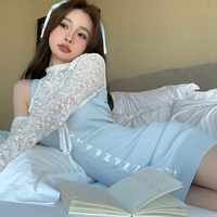 Girl Women Fashion Cute Sexy White Lace Top Cardigan & Strap Blue Short Dress Two Piece Set - Thumbnail 6