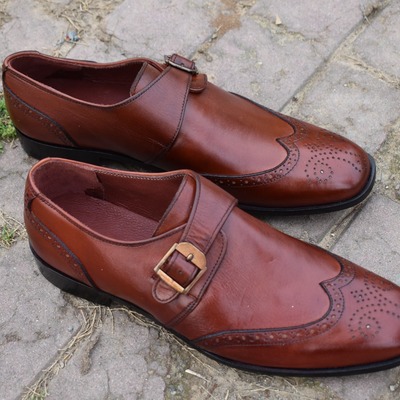 Classic men's hand made brown wingtip brogue single monk strap leather formal shoes