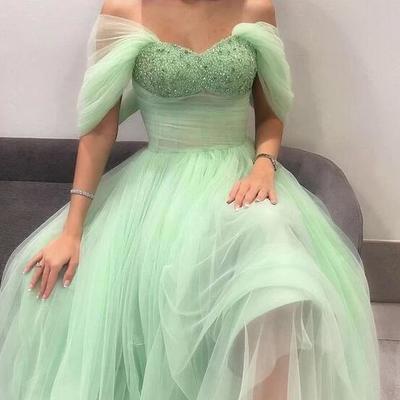 Off the shoulder green tulle evening party dresses with beading - Thumbnail 2