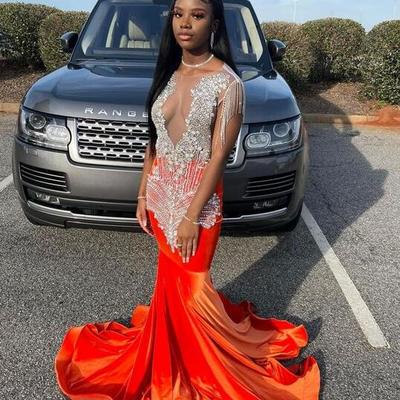 Mermaid long orange prom dresses with beading - Thumbnail 1
