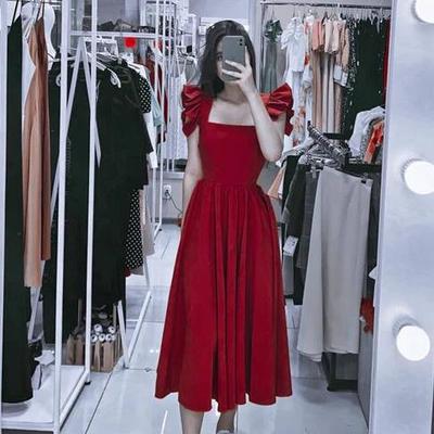 Simple a line red tea length prom dresses - Thumbnail 1