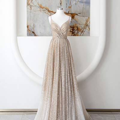 Champagne sequins long prom dress, a-line spaghetti strap long evening dress - Thumbnail 3