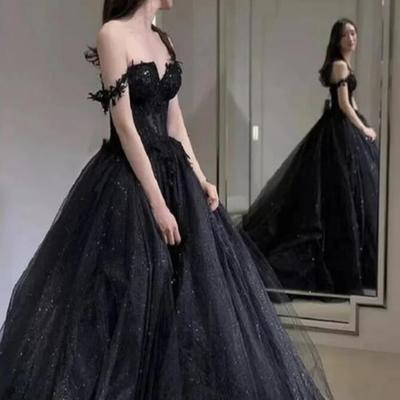 Off shoulder black tulle prom dress lace applique  - Thumbnail 1