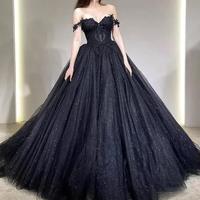 Off Shoulder Black Tulle Prom Dress Lace Applique  - Thumbnail 1