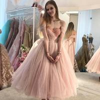 Off the Shoulder Tea Length Pink Long Tulle Prom Dress With Beading - Thumbnail 1