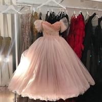 Off the Shoulder Tea Length Pink Long Tulle Prom Dress With Beading - Thumbnail 2