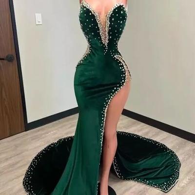 Spaghetti straps hunter green velvet prom dresses with slit  - Thumbnail 2