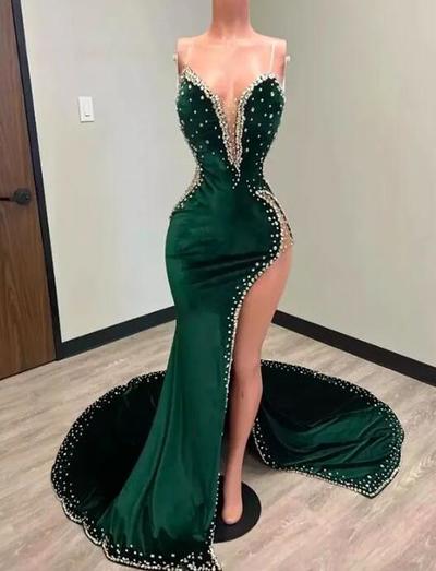 Spaghetti Straps Hunter Green Velvet Prom Dresses With Slit 